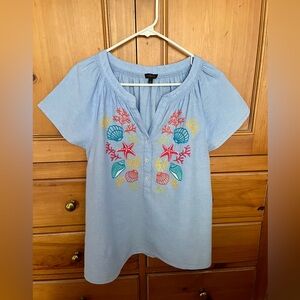Talbots Light Blue Chambray Embroidered Blouse